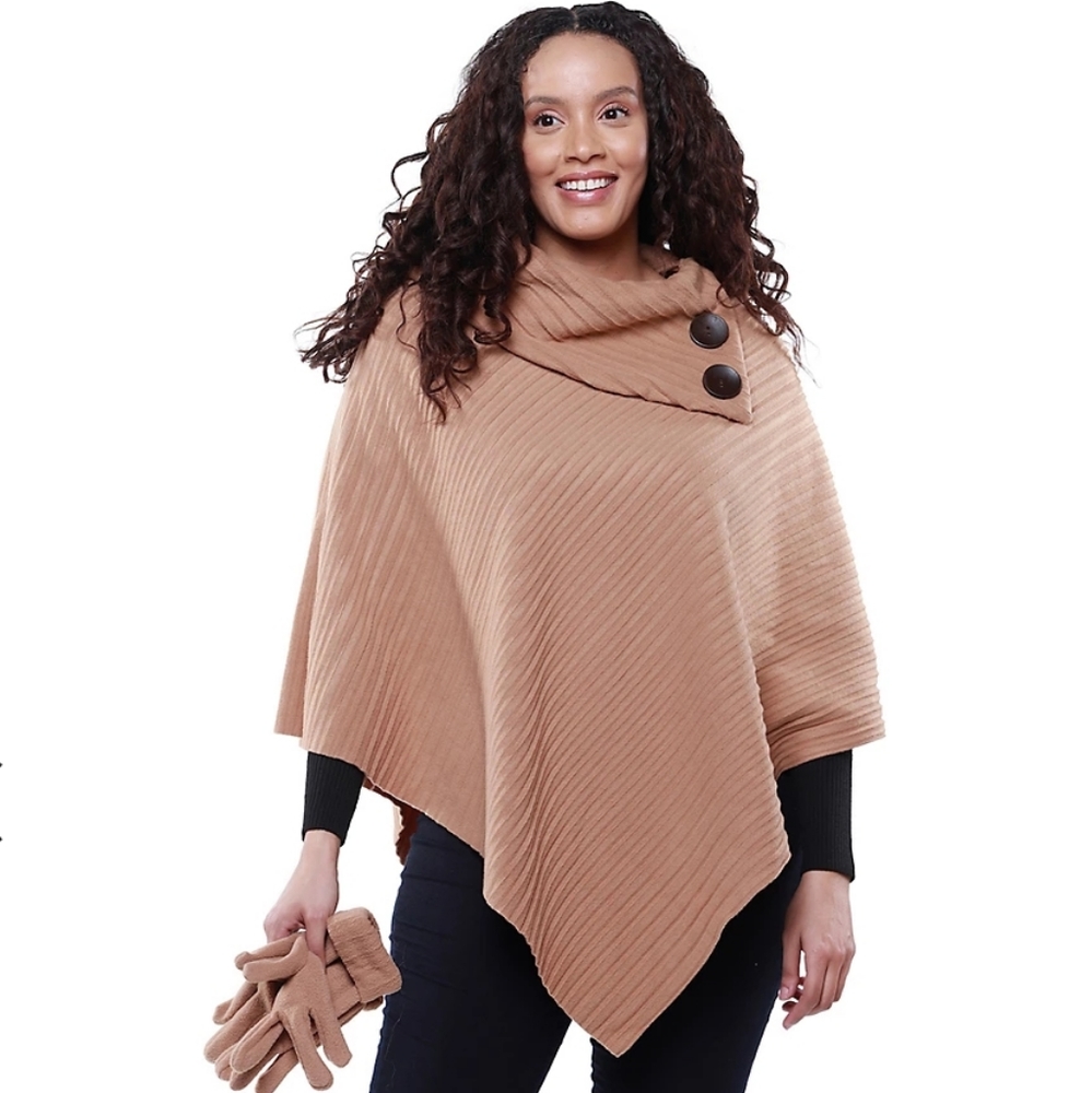 NEW Cape Drape Fleece Poncho Collar Buttons Pleated Tan Elegant Le Moda One Size - Picture 4 of 9